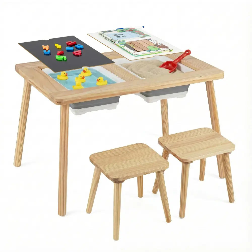Wooden Kids Activity Table Set with 2 Foldable Storage Bins-Natural - Natural - Kids Table & Chair Sets