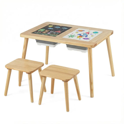 Wooden Kids Activity Table Set with 2 Foldable Storage Bins-Natural - Natural - Kids Table & Chair Sets