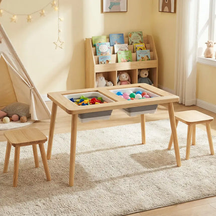 Wooden Kids Activity Table Set with 2 Foldable Storage Bins-Natural - Natural - Kids Table & Chair Sets