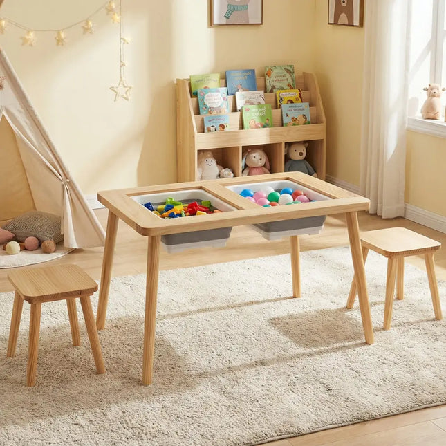 Wooden Kids Activity Table Set with 2 Foldable Storage Bins-Natural - Natural - Kids Table & Chair Sets