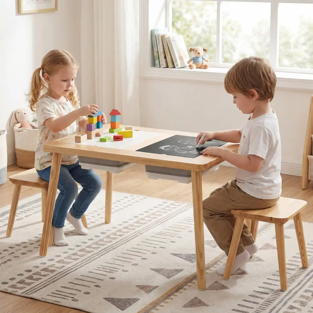 Wooden Kids Activity Table Set with 2 Foldable Storage Bins-Natural - Natural - Kids Table & Chair Sets