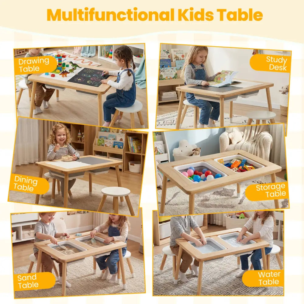 Wooden Kids Activity Table Set with Double-Sided Boards-Natural - Natural - Kids Table & Chair Sets