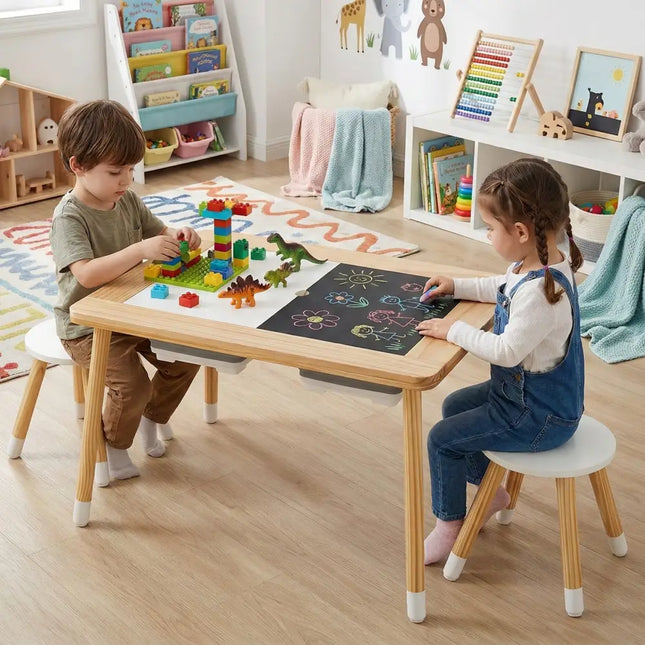 Wooden Kids Activity Table Set with Double-Sided Boards-Natural - Natural - Kids Table & Chair Sets