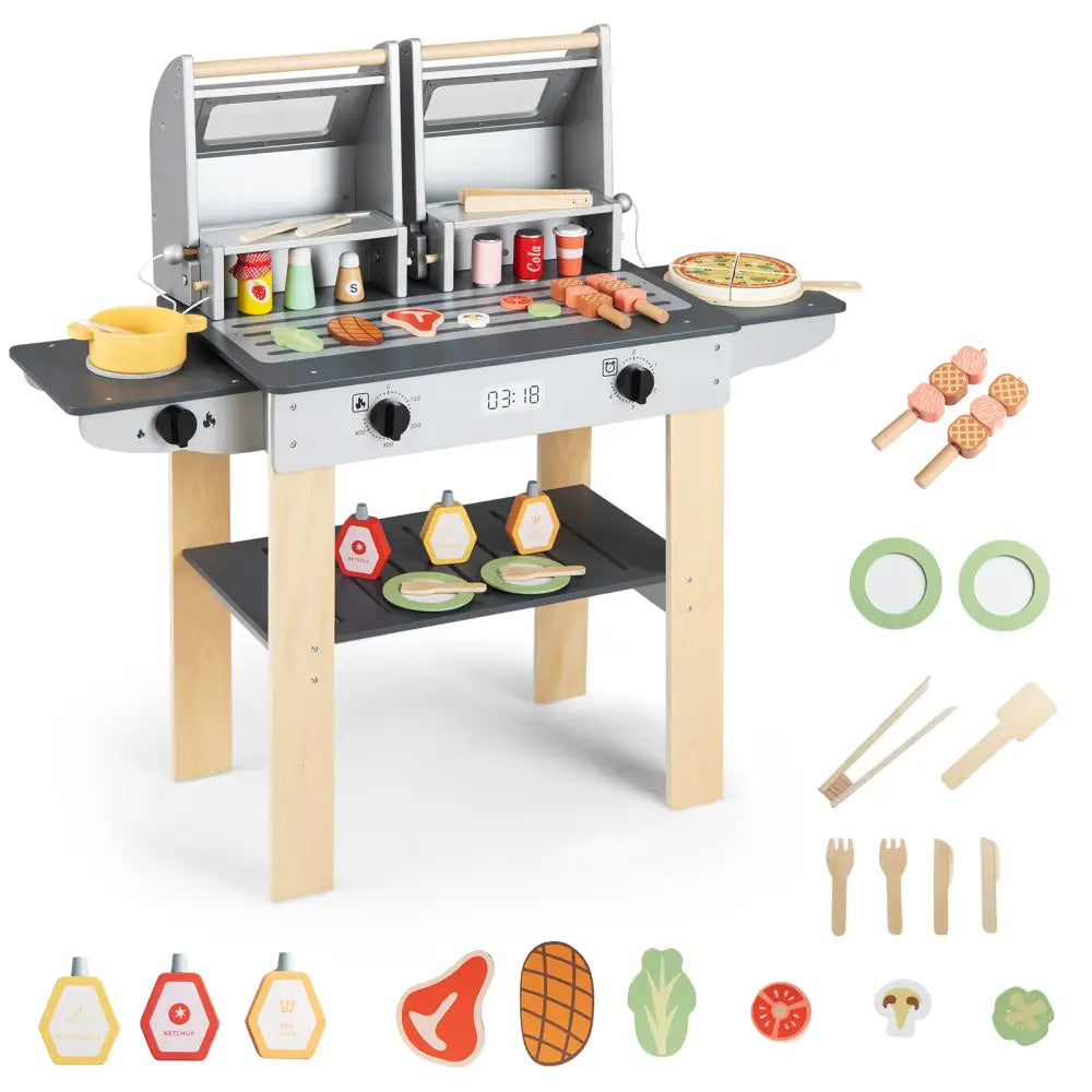Wooden Kids Barbecue Grill Playset Kids Toy Grill with Abundant Grilling Tools and Play Foods - Gray - Play Kitchen Sets