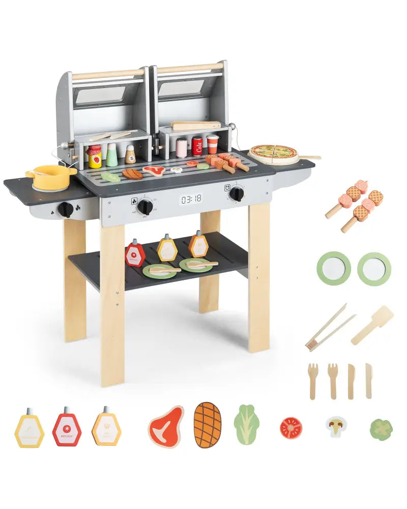 Wooden Kids Barbecue Grill Playset Kids Toy Grill with Abundant Grilling Tools and Play Foods - Gray - Play Kitchen Sets