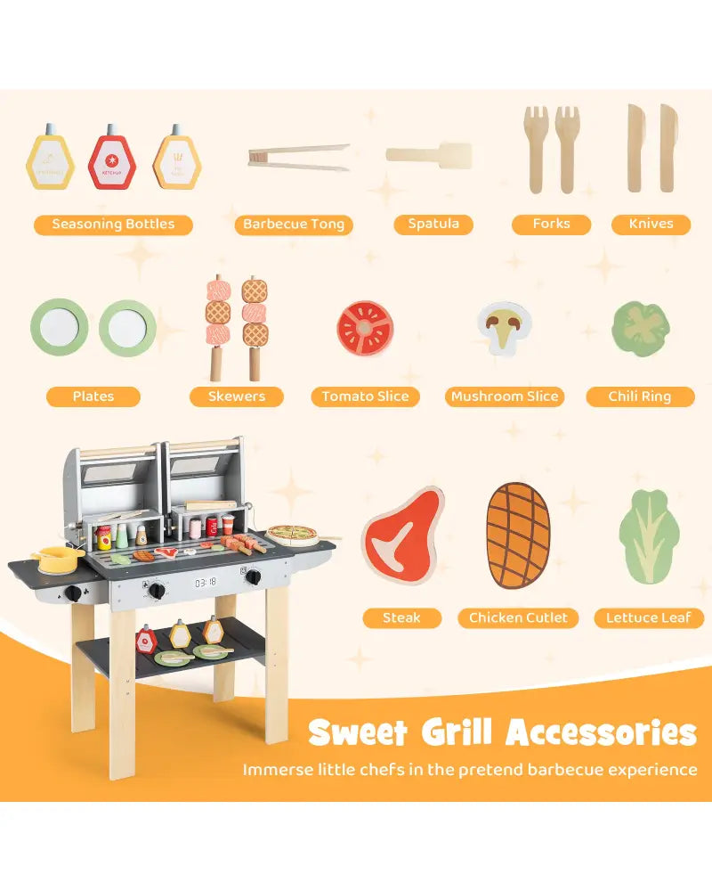 Wooden Kids Barbecue Grill Playset Kids Toy Grill with Abundant Grilling Tools and Play Foods - Gray - Play Kitchen Sets