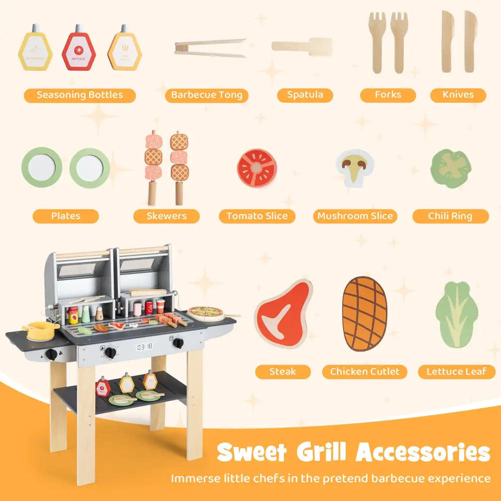 Wooden Kids Barbecue Grill Playset Kids Toy Grill with Abundant Grilling Tools and Play Foods - Gray - Play Kitchen Sets