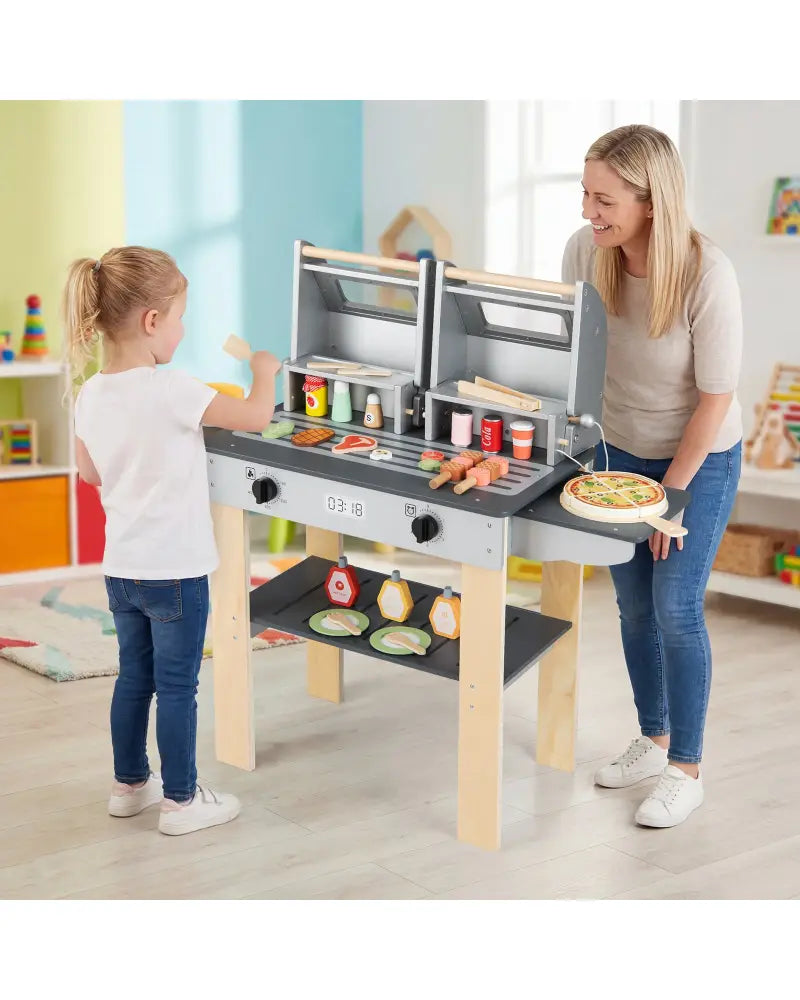 Wooden Kids Barbecue Grill Playset Kids Toy Grill with Abundant Grilling Tools and Play Foods - Gray - Play Kitchen Sets
