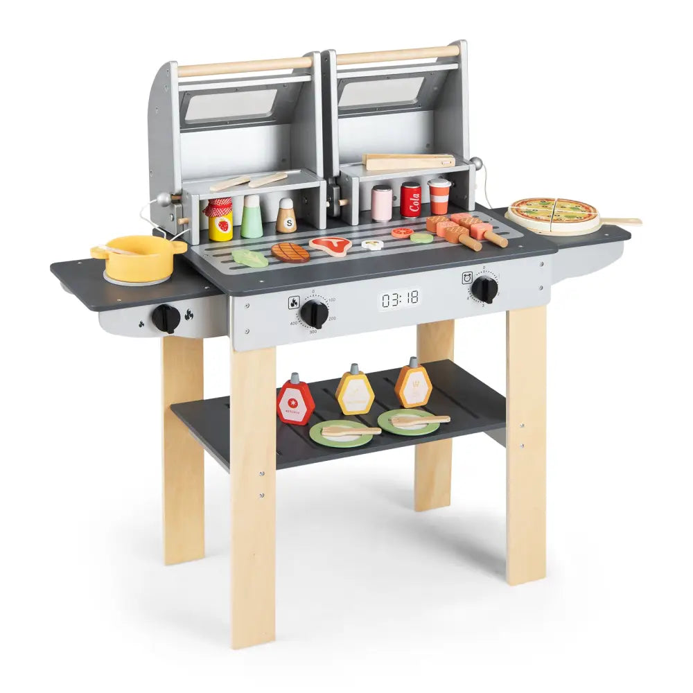 Wooden Kids Barbecue Grill Playset Kids Toy Grill with Abundant Grilling Tools and Play Foods - Gray - Play Kitchen Sets