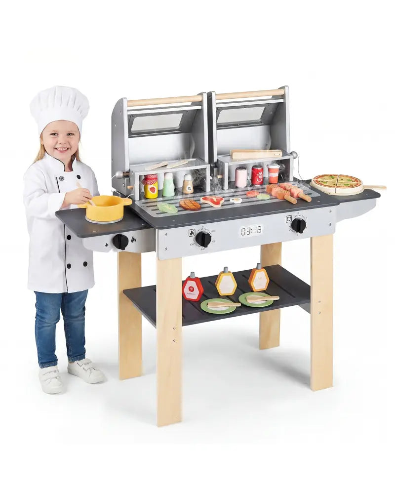 Wooden Kids Barbecue Grill Playset Kids Toy Grill with Abundant Grilling Tools and Play Foods - Gray - Play Kitchen Sets