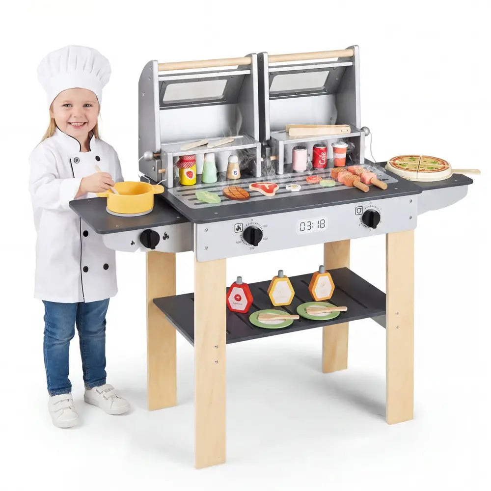 Wooden Kids Barbecue Grill Playset Kids Toy Grill with Abundant Grilling Tools and Play Foods - Gray - Play Kitchen Sets