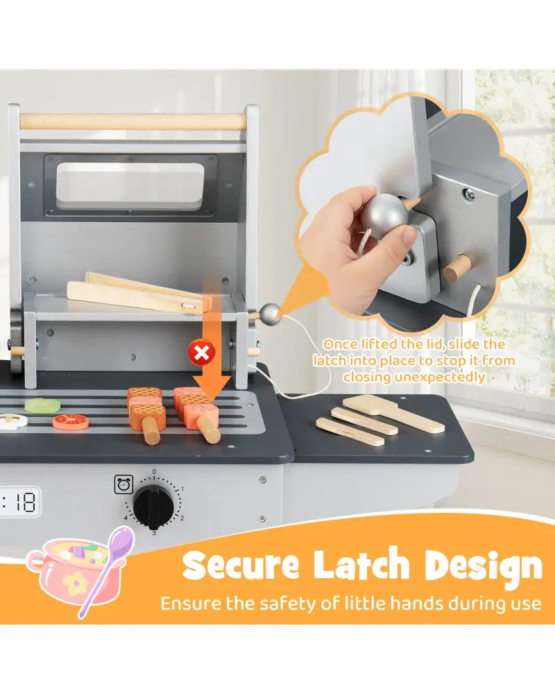 Wooden Kids Barbecue Grill Playset Kids Toy Grill with Abundant Grilling Tools and Play Foods - Gray - Play Kitchen Sets
