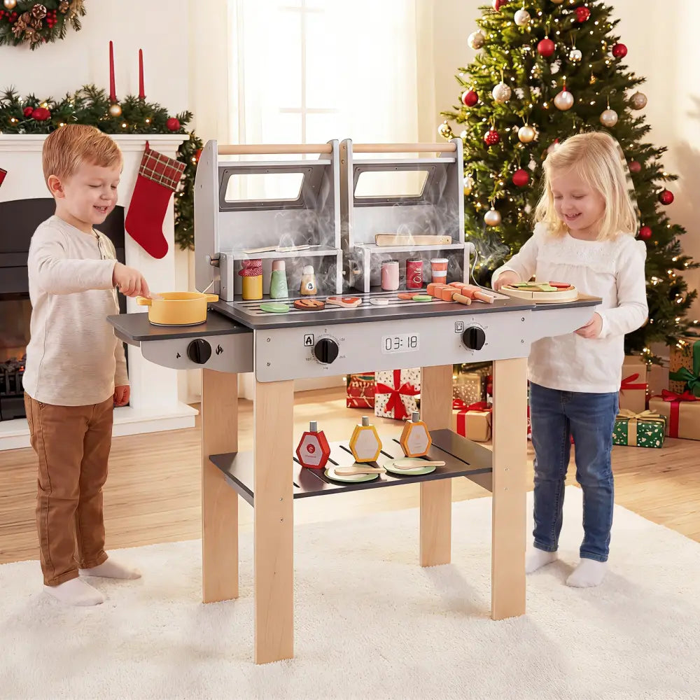Wooden Kids Barbecue Grill Playset Kids Toy Grill with Abundant Grilling Tools and Play Foods - Gray - Play Kitchen Sets
