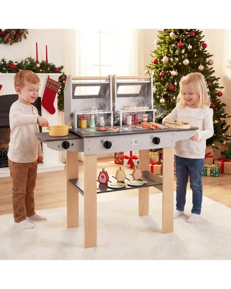 Wooden Kids Barbecue Grill Playset Kids Toy Grill with Abundant Grilling Tools and Play Foods - Gray - Play Kitchen Sets