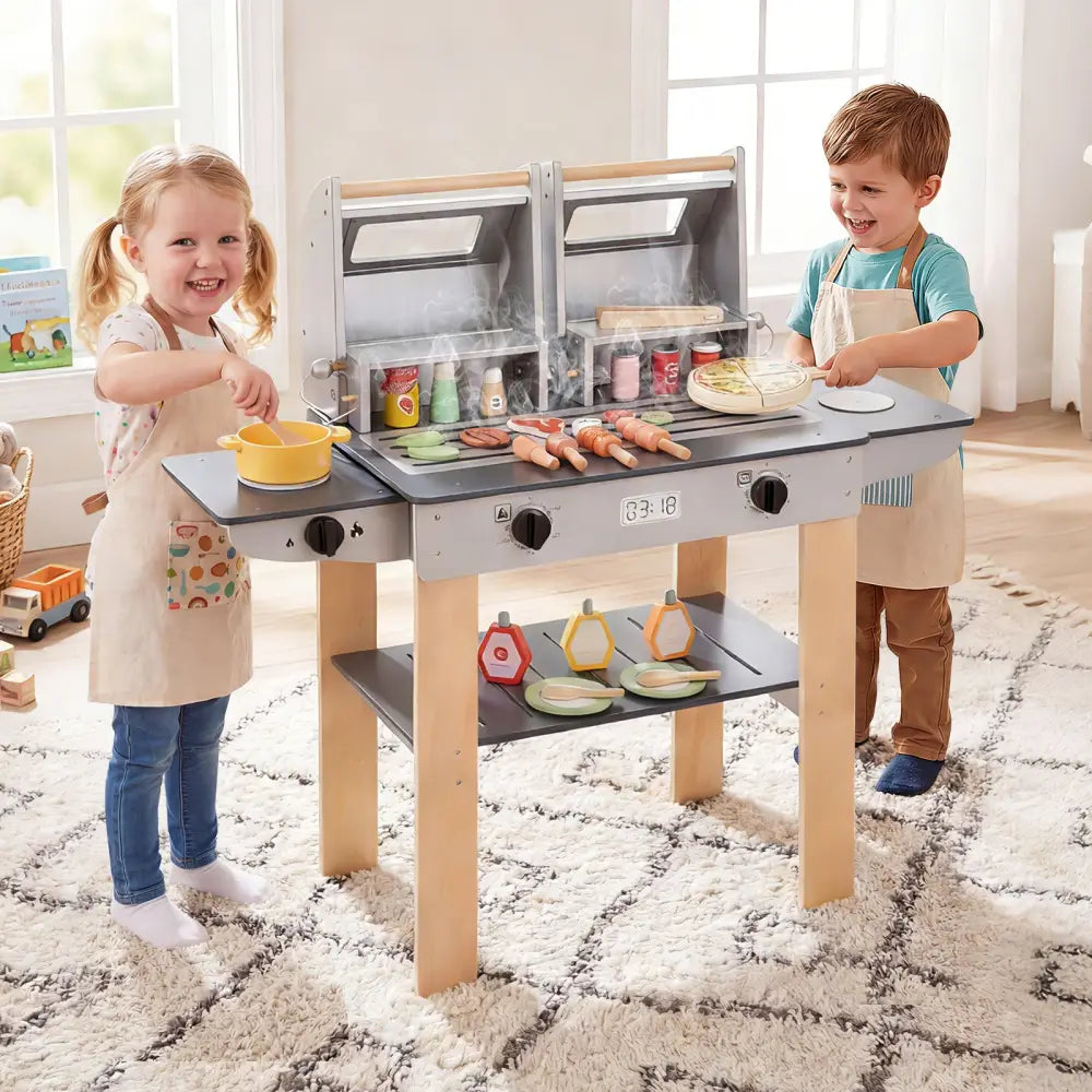 Wooden Kids Barbecue Grill Playset Kids Toy Grill with Abundant Grilling Tools and Play Foods - Gray - Play Kitchen Sets