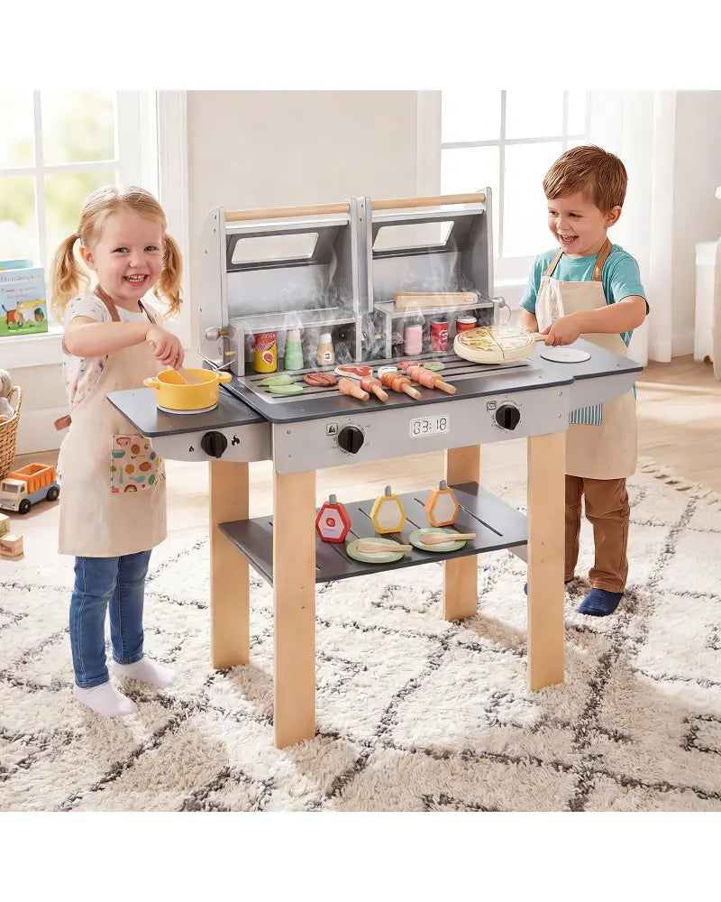 Wooden Kids Barbecue Grill Playset Kids Toy Grill with Abundant Grilling Tools and Play Foods - Gray - Play Kitchen Sets