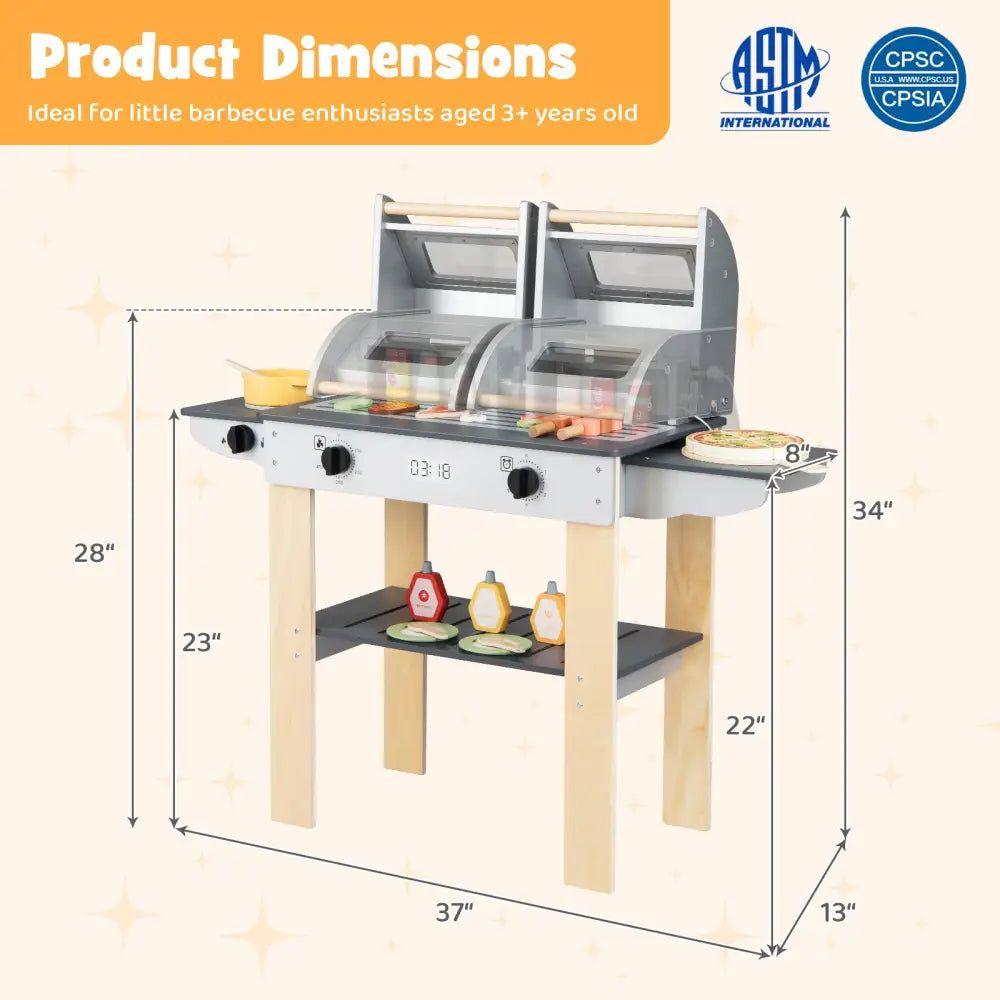 Wooden Kids Barbecue Grill Playset Kids Toy Grill with Abundant Grilling Tools and Play Foods - Gray - Play Kitchen Sets