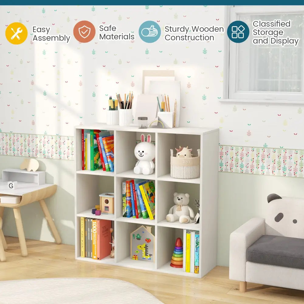 Wooden Kids Bookcase with Storage Cubbies and Anti-toppling Devices-White - White - Kids Storage