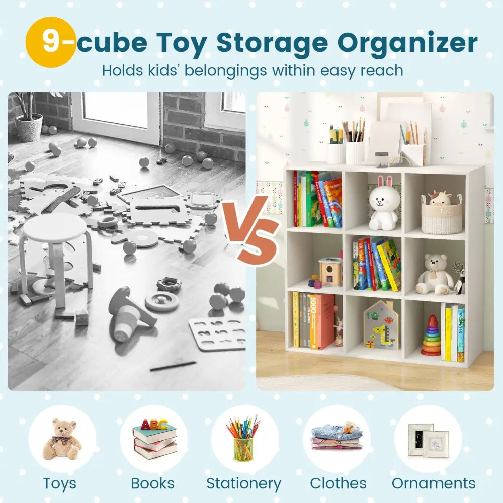 Wooden Kids Bookcase with Storage Cubbies and Anti-toppling Devices-White - White - Kids Storage