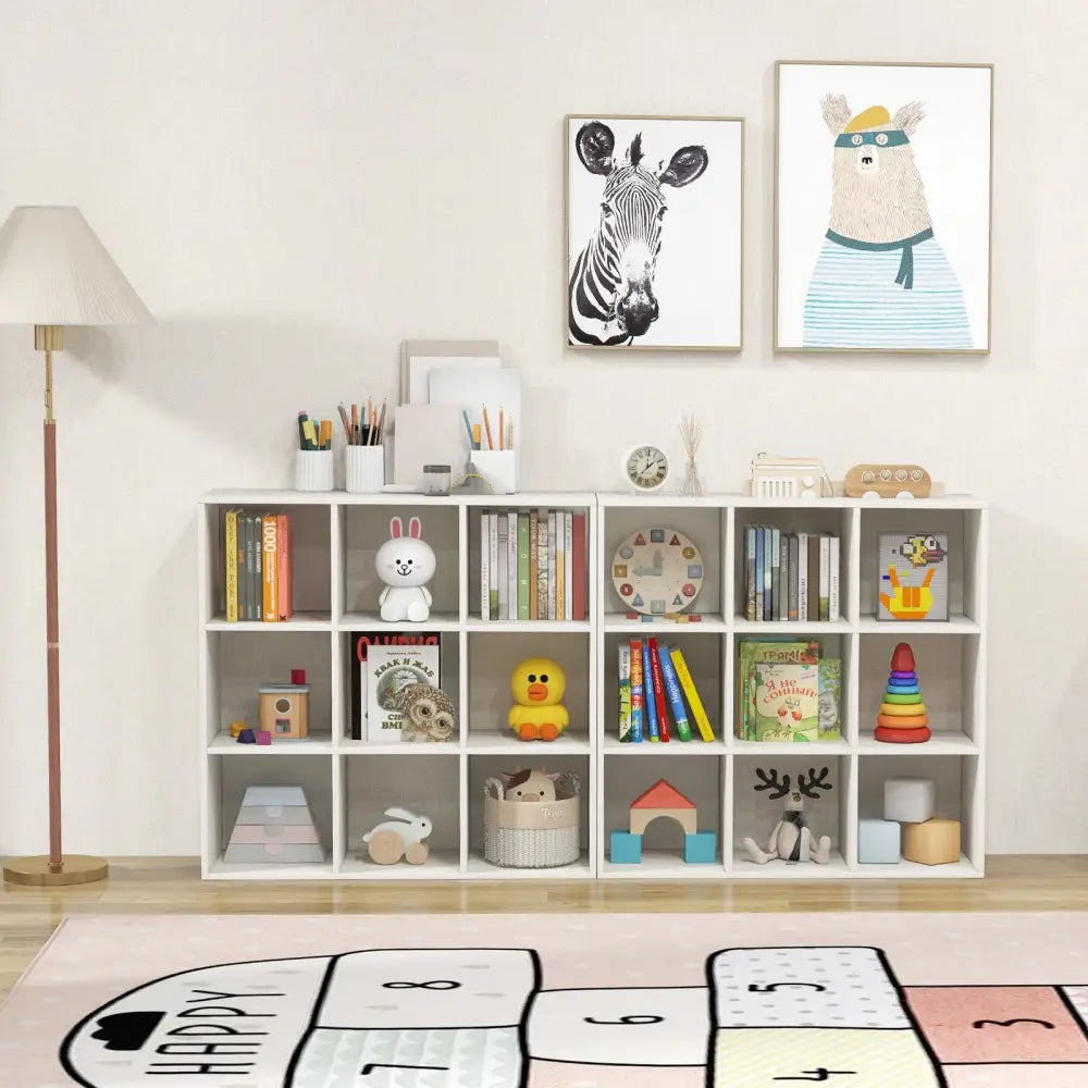 Wooden Kids Bookcase with Storage Cubbies and Anti-toppling Devices-White - White - Kids Storage