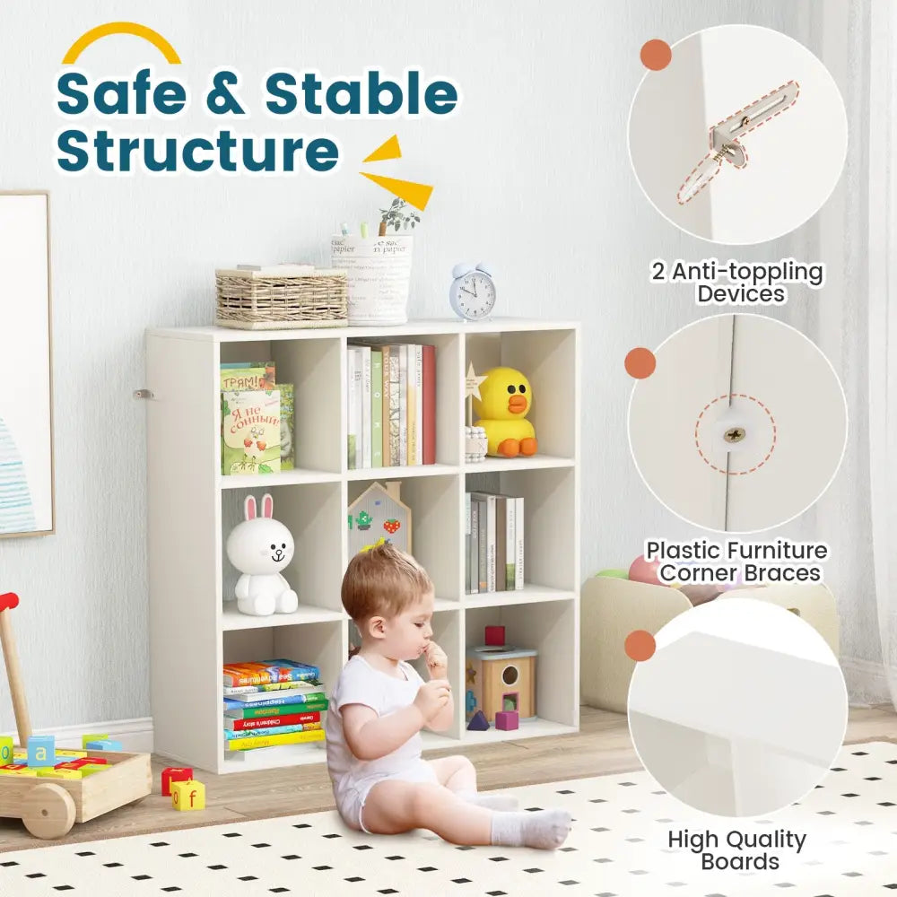 Wooden Kids Bookcase with Storage Cubbies and Anti-toppling Devices-White - White - Kids Storage