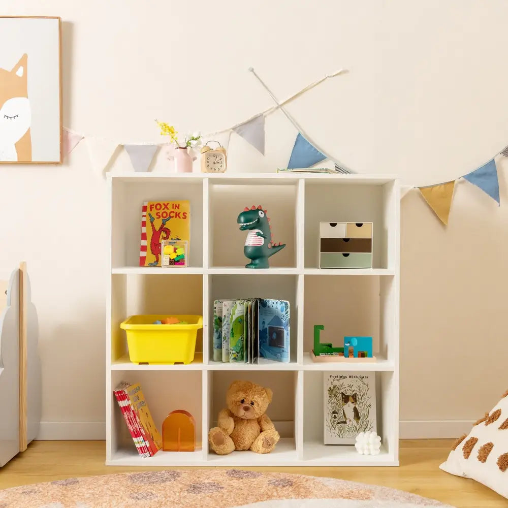 Wooden Kids Bookcase with Storage Cubbies and Anti-toppling Devices-White - White - Kids Storage