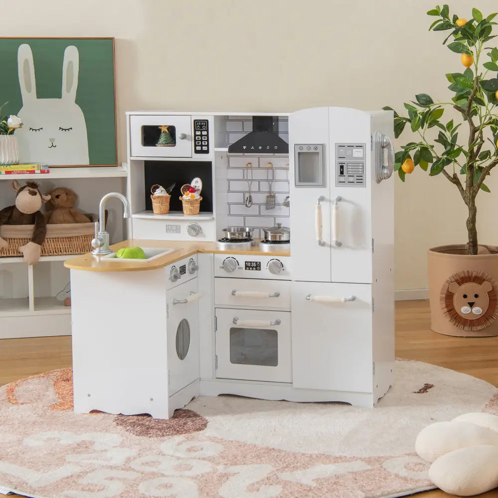 Wooden Kid’s Corner Kitchen Playset with Stove for Toddlers-Natural & White - Natural & White - Play Kitchen Sets
