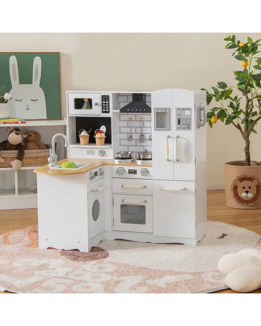 Wooden Kid’s Corner Kitchen Playset with Stove for Toddlers-Natural & White - Natural & White - Play Kitchen Sets