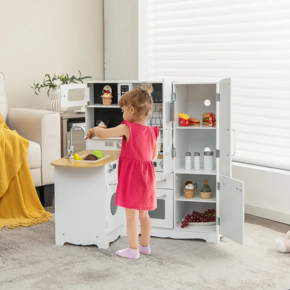 Wooden Kid’s Corner Kitchen Playset with Stove for Toddlers-Natural & White - Natural & White - Play Kitchen Sets