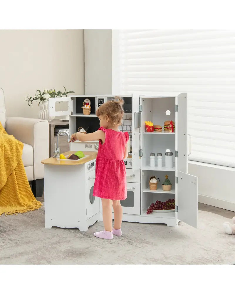 Wooden Kid’s Corner Kitchen Playset with Stove for Toddlers-Natural & White - Natural & White - Play Kitchen Sets