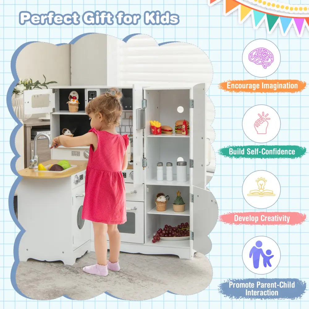 Wooden Kid’s Corner Kitchen Playset with Stove for Toddlers-Natural & White - Natural & White - Play Kitchen Sets