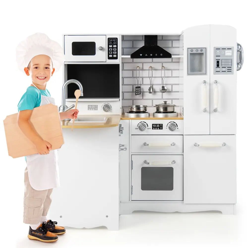 Wooden Kid’s Corner Kitchen Playset with Stove for Toddlers-Natural & White - Natural & White - Play Kitchen Sets