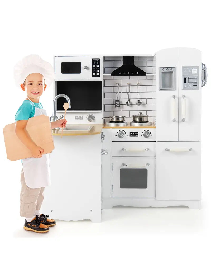 Wooden Kid’s Corner Kitchen Playset with Stove for Toddlers-Natural & White - Natural & White - Play Kitchen Sets