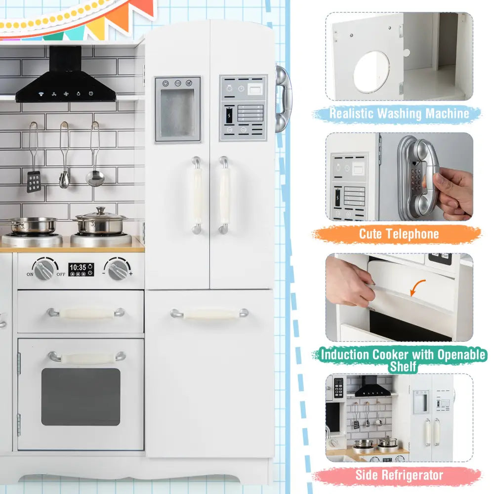 Wooden Kid’s Corner Kitchen Playset with Stove for Toddlers-Natural & White - Natural & White - Play Kitchen Sets