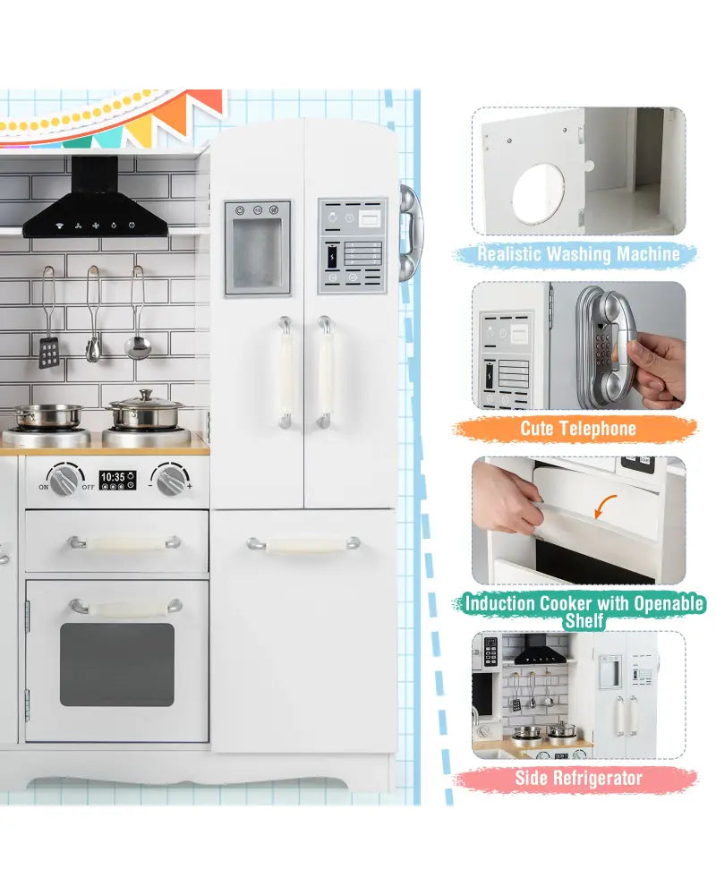 Wooden Kid’s Corner Kitchen Playset with Stove for Toddlers-Natural & White - Natural & White - Play Kitchen Sets