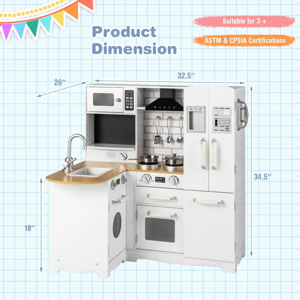 Wooden Kid’s Corner Kitchen Playset with Stove for Toddlers-Natural & White - Natural & White - Play Kitchen Sets