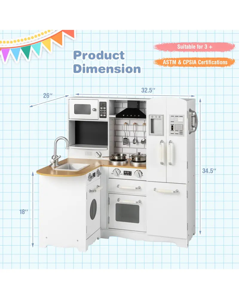 Wooden Kid’s Corner Kitchen Playset with Stove for Toddlers-Natural & White - Natural & White - Play Kitchen Sets