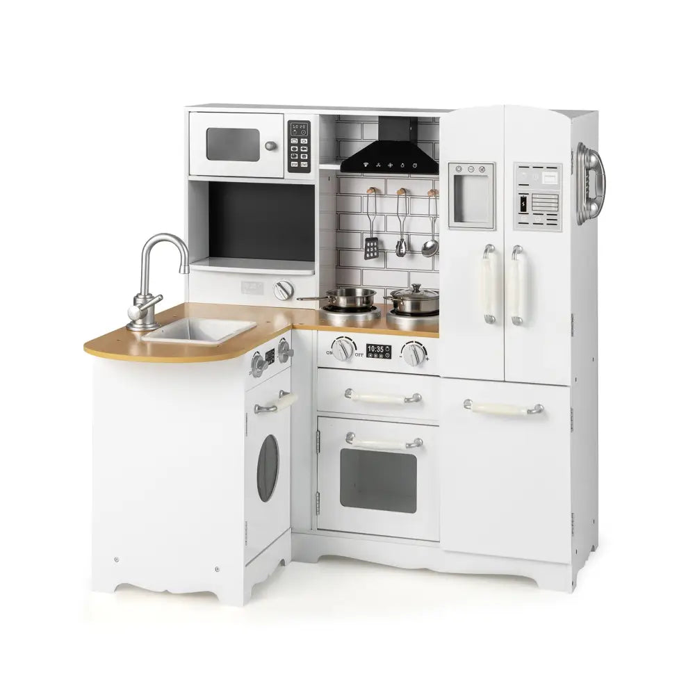 Wooden Kid’s Corner Kitchen Playset with Stove for Toddlers-Natural & White - Natural & White - Play Kitchen Sets