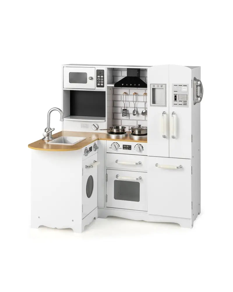 Wooden Kid’s Corner Kitchen Playset with Stove for Toddlers-Natural & White - Natural & White - Play Kitchen Sets