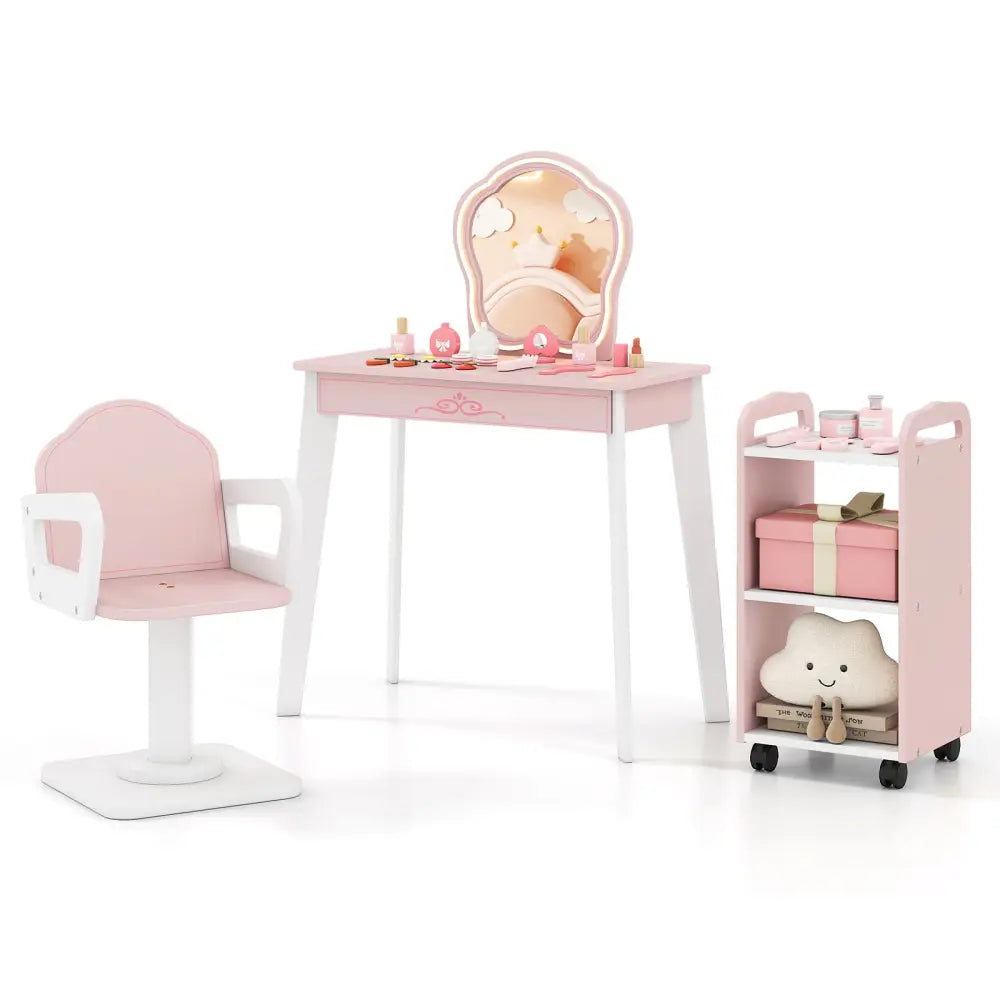 Wooden Kids Hair Salon Play Set with LED Lighted Mirror-Pink - Pink - Pretend Toys