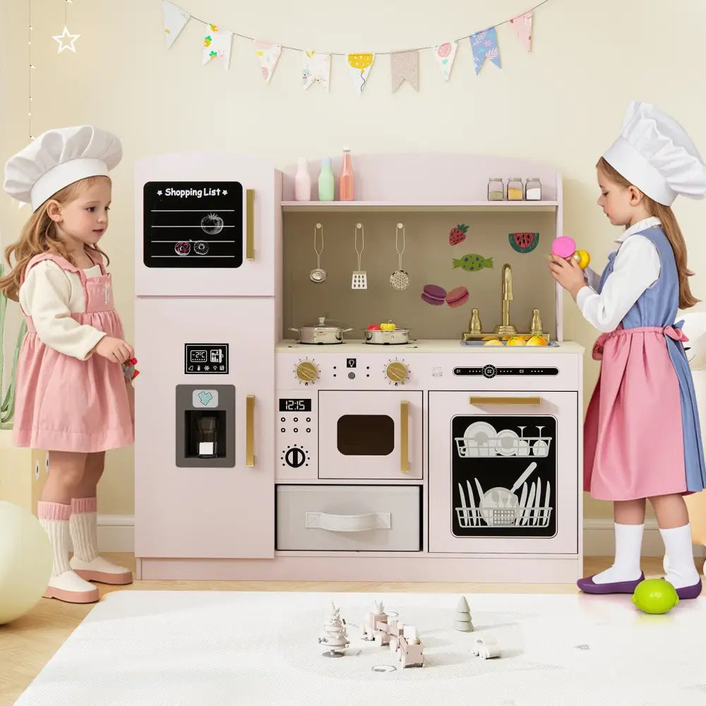 Wooden Kids Kitchen Playset with Chalkboard Ice Maker Sink Lighted Microwave-Pink - Pink - Play Kitchen Sets