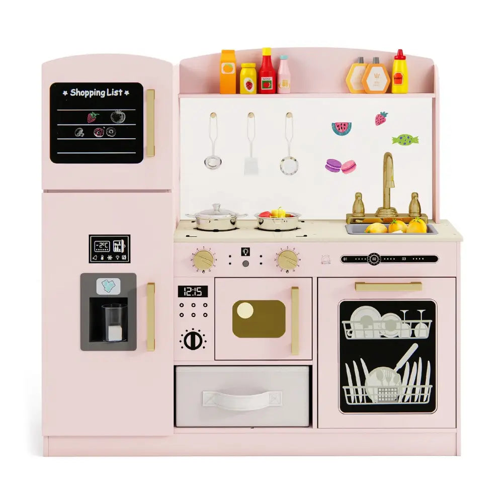 Wooden Kids Kitchen Playset with Chalkboard Ice Maker Sink Lighted Microwave-Pink - Pink - Play Kitchen Sets