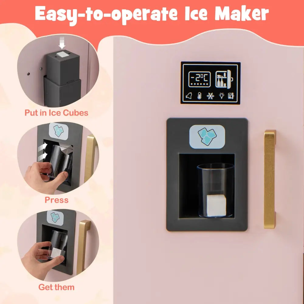 Wooden Kids Kitchen Playset with Chalkboard Ice Maker Sink Lighted Microwave-Pink - Pink - Play Kitchen Sets