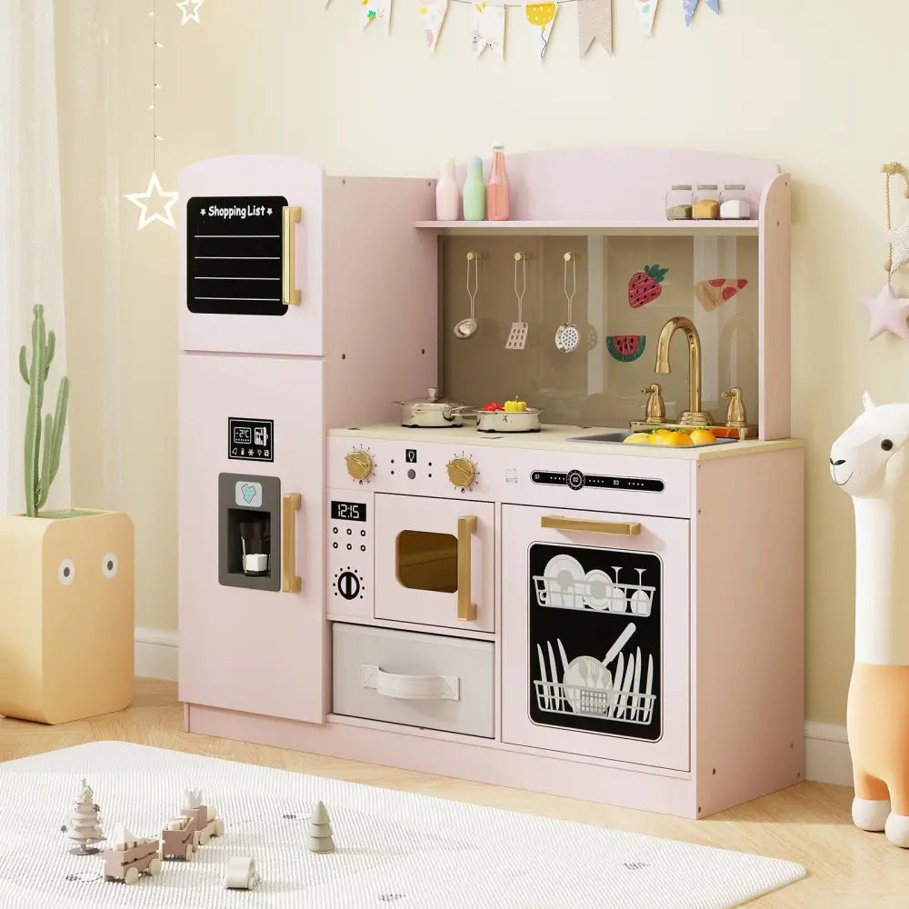 Wooden Kids Kitchen Playset with Chalkboard Ice Maker Sink Lighted Microwave-Pink - Pink - Play Kitchen Sets
