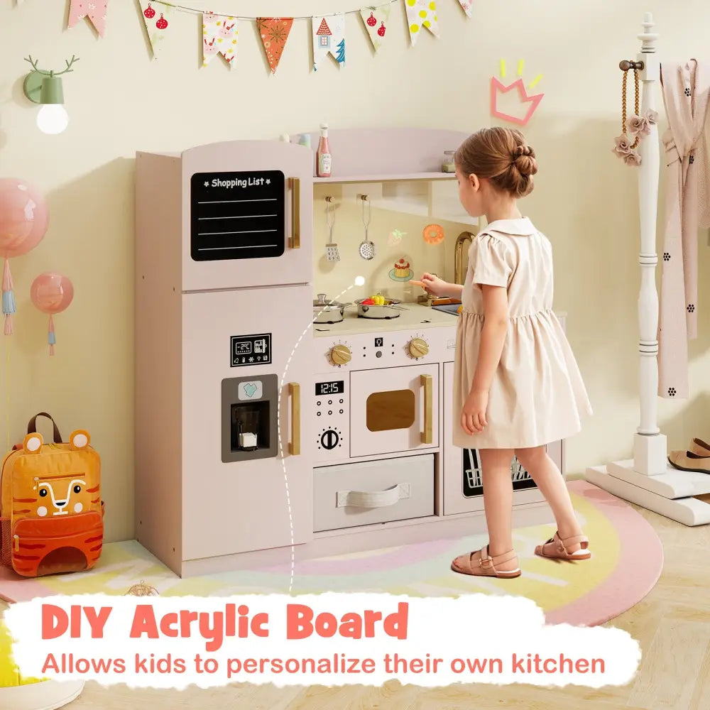 Wooden Kids Kitchen Playset with Chalkboard Ice Maker Sink Lighted Microwave-Pink - Pink - Play Kitchen Sets