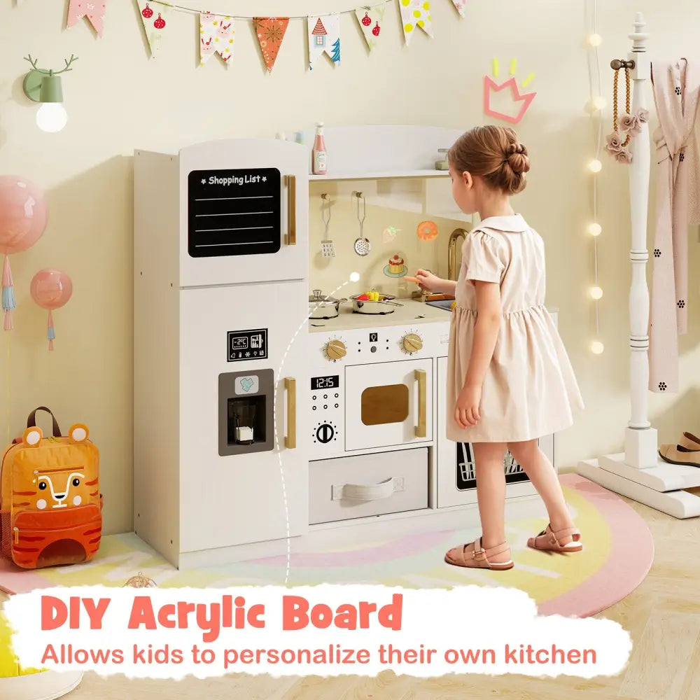 Wooden Kids Kitchen Playset with Chalkboard Ice Maker Sink Lighted Microwave-Pink - Pink - Play Kitchen Sets