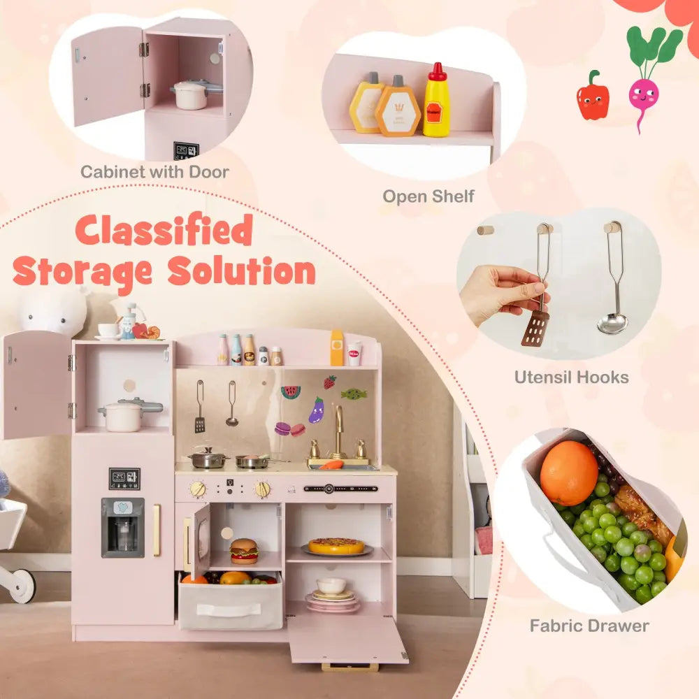 Wooden Kids Kitchen Playset with Chalkboard Ice Maker Sink Lighted Microwave-Pink - Pink - Play Kitchen Sets