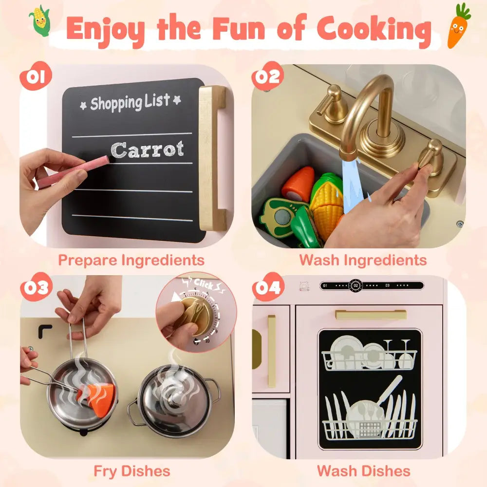 Wooden Kids Kitchen Playset with Chalkboard Ice Maker Sink Lighted Microwave-Pink - Pink - Play Kitchen Sets