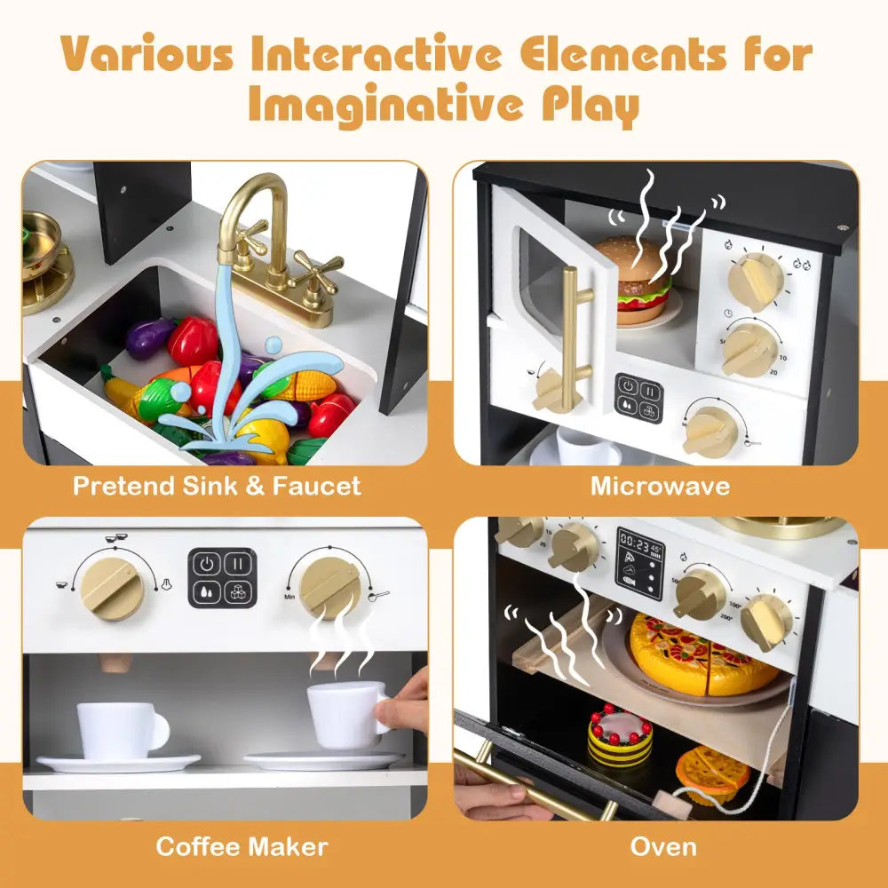 Wooden Kids Kitchen Playset with Realistic Lights and Sounds-Black - Black - Play Kitchen Sets