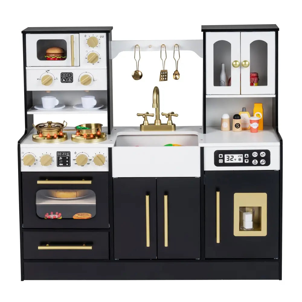 Wooden Kids Kitchen Playset with Realistic Lights and Sounds-Black - Black - Play Kitchen Sets